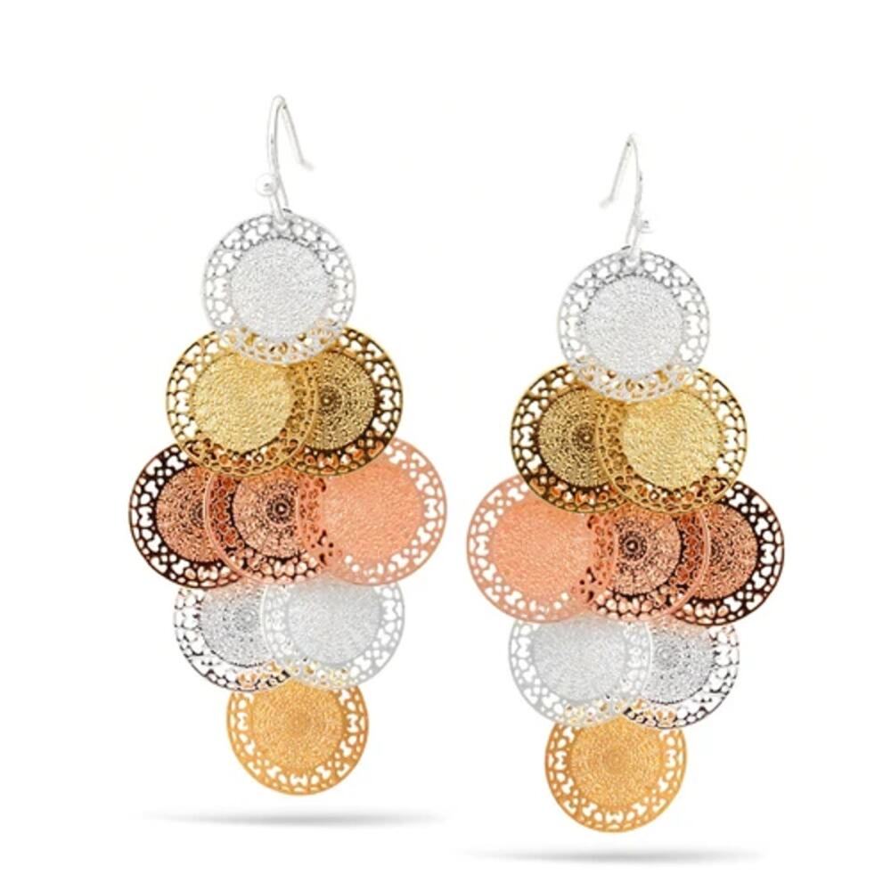 Women's Gold rose Gold and Silver Tone Multi Circle Dangle Earrings Lightweight